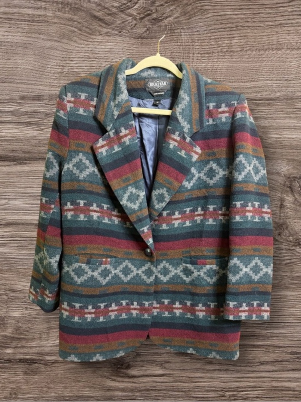Vintage Braetan southwestern Aztec blue wool blend, oversized jacket. Medium.